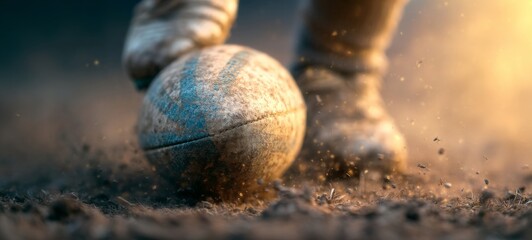 Photorealistic low-angle close-up of dirt-covered rugby ball with blue stripes kicked by muscular player’s boot, dust cloud, golden-hour sunlight, sharp focus, cinematic