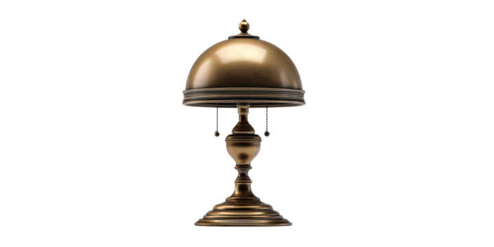 Vintage brass lamp with dome shaped shade and pull chains, exuding classic and elegant charm. lamp polished finish and intricate design make it timeless decorative piece
