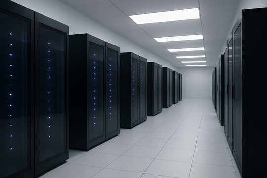 Modern data center interior with rows of black server racks illuminated by blue and green LED indicators, clean white raised flooring, and overhead cable trays