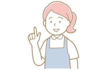 指差す青いエプロンを着用した女性のイラスト