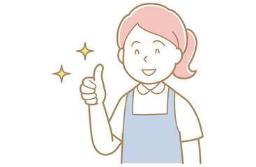サムズアップをする青いエプロンを着用した女性のイラスト