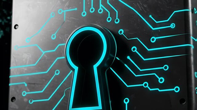 Digital Security Lock with Circuit Board Pattern and Glowing Keyhole.