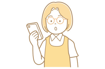 スマートフォンを見るメガネをかけてエプロンを着用した女性のイラスト