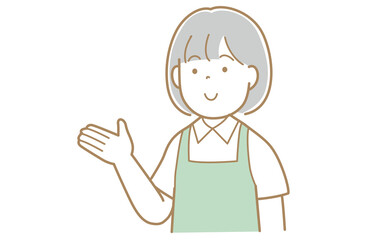 手のひらで示すエプロンを着用したの女性のイラスト