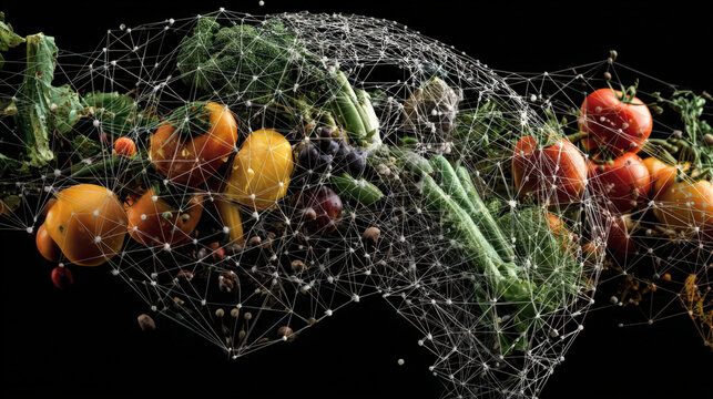 Digital network of interconnected lines overlays fresh vegetables, symbolizing fusion of technology and agriculture for food sustainability and global trade