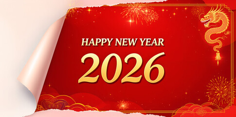 Happy new year 2026 with dragon and festive decorations on red background