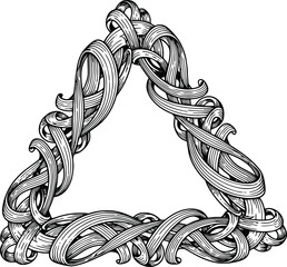 Abstract triangle ornament frame, interlaced ribbon woven decorative knot inspired design