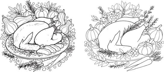 Roasted Holiday Bird and Autumn Harvest Vegetables Line Art Illustration