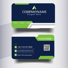 Dark Blue and Green Business Card Template with QR Code