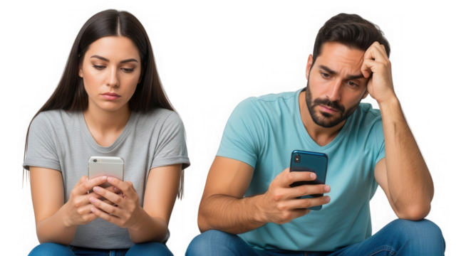 Couple using mobile phones looking bored isolated on transparent background