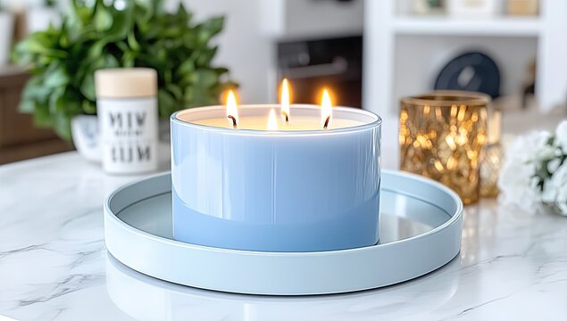 Blue candle burns on a marble table, homey, light filled - Powered by Adobe