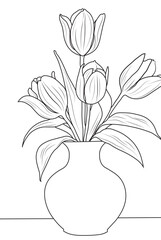 Line art drawing of tulips in a vase