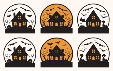 Silhouettes of haunted houses in circular frames, featuring bats, pumpkins, and barren trees. Some frames have an orange background, enhancing the spooky Halloween theme.