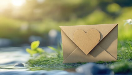 Brown envelope w/ heart on mossy bank, river flowing