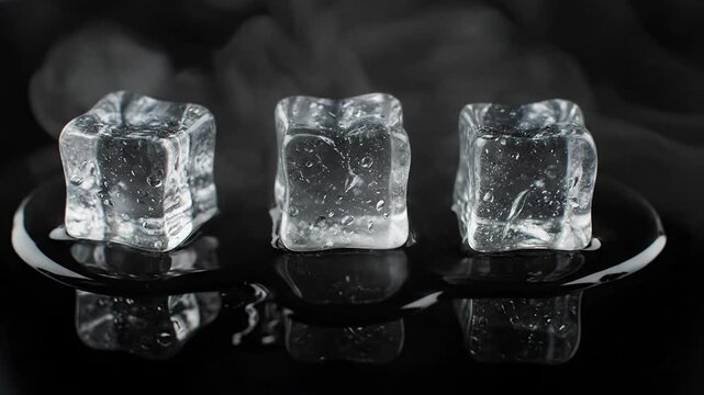 Melting ice cubes timelapse: evaporation and water formation on black surface