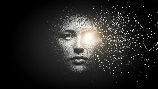 Abstract representation of a human face dissolving into particles, with a glowing eye effect against a dark background