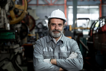 A man in a grey uniform with a hard hat on stands in front of a machine © KANGWANS