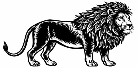 Create a highly realistic image of a male lion standing in profile, facing left. The lion should have a full, majestic mane, detailed fur texture, and a muscular body. Its expression should be calm an