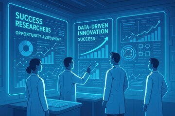 success researchers opportunity assessment concept. Researchers analyzing data-driven success metrics in a high-tech lab.