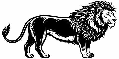 Create a highly realistic image of a male lion standing in profile, facing left. The lion should have a full, majestic mane, detailed fur texture, and a muscular body. Its expression should be calm an