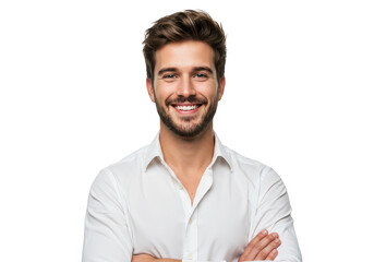 Fototapeta premium Man in white shirt smiling confidently with arms crossed transparent background