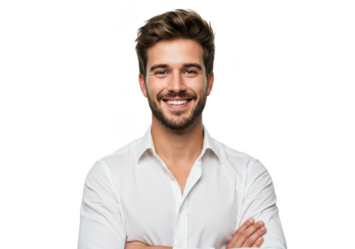 Man in white shirt smiling confidently with arms crossed transparent background