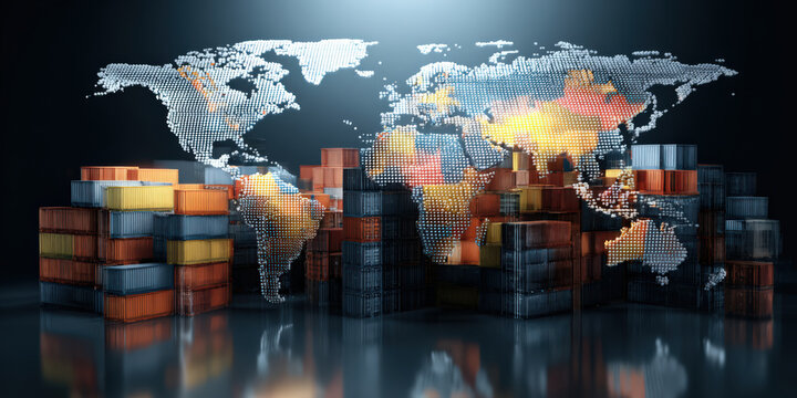 Digital world map with glowing connections overlays stack of colorful shipping containers, symbolizing global trade and economy. scene conveys sense of connectivity and commerce