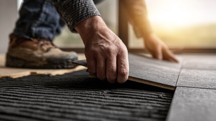 Professional flooring contractor installing new flooring in modern living space during bright afternoon light