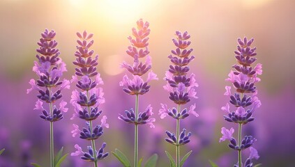 Purple lavender blooms in sunlight; soft, blurred background