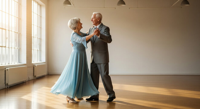 Elderly couple of pensioners dancing waltz in studio, leisure time of elderly people