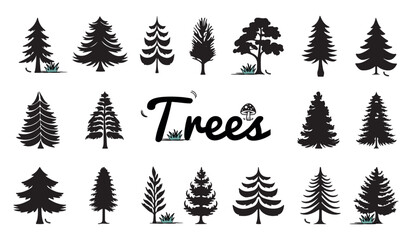 Pine Tree Set - Black Vector Illustrations Isolated On White Background