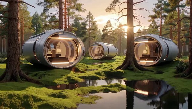 Forest bathing retreat spherical forest pods under tall pine trees offering unique eco friendly accommodation for wellness and meditation travel
