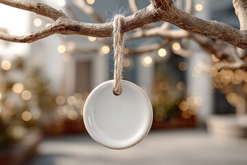 Blank white round ornament mockup hanging on bare branch with festive bokeh lights, minimal Christmas decoration concept