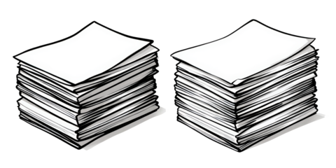 Stacked paper documents in black outline vector illustration, showcasing two piles of sheets. image conveys organization and office work