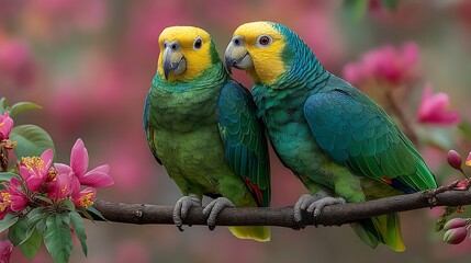 Fototapeta premium portrait of an Amazon Emperor Parrot perched on a moss-covered branch in a lush tropical rainforest. The bird's vibrant green, blue, and yellow feathers are rendered in sharp detail, with individual 