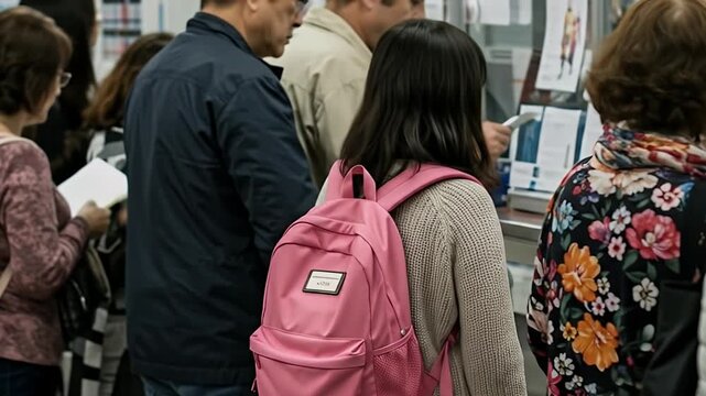 Diverse group of people standing in a line with a young girl in the foreground wearing a pink backpack.