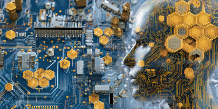 Digital representation of human head with hexagonal patterns and circuit board elements symbolizes integration of technology and human intelligence