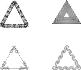Vector abstract triangle frames set, mesh lattice, layered lines, swirl and dotted curls