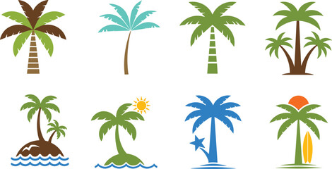 Stylized palm tree illustrations, tropical beach elements, colorful vector trees, summer icons, island design, nature symbols, vacation theme, cartoon style
