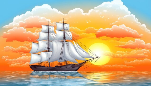 Tall ship sailing on calm sea at sunset