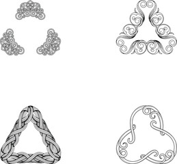 Vector geometric triangle ornaments, swirl cluster, flourish curls, braided interlace and flowing organic frame