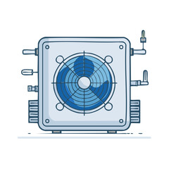 Doodle style illustration of an HVAC outdoor condenser unit with a rotating blue fan for climate control