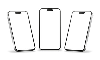 Mobile Phones Mockup. Collection of realistic smartphones with blank white screens in various angles. Isometric perspective isolated on white background. Vector illustration.