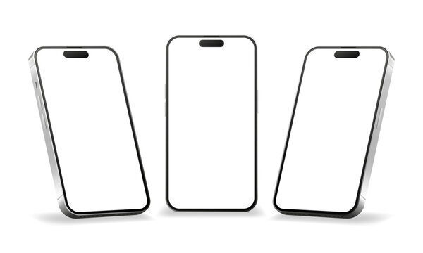 Mobile Phones Mockup. Collection of realistic smartphones with blank white screens in various angles. Isometric perspective isolated on white background. Vector illustration.