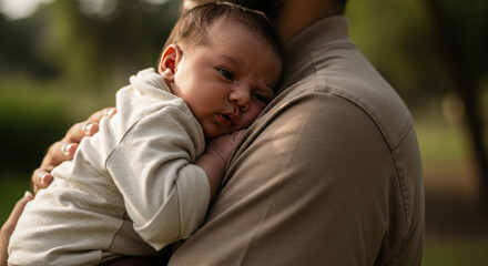 Fototapeta premium Muslim dad holding baby in arms with newborn resting on shoulder outdoors, family bonding and parental care concept