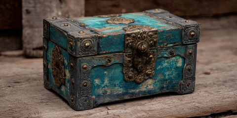 Obraz premium Vintage treasure chest with turquoise patina and ornate metalwork sits on rustic wooden surface, evoking sense of mystery and history