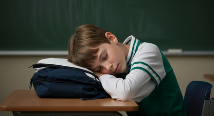 Student putting head on backpack in classroom, school stress and childhood education concept