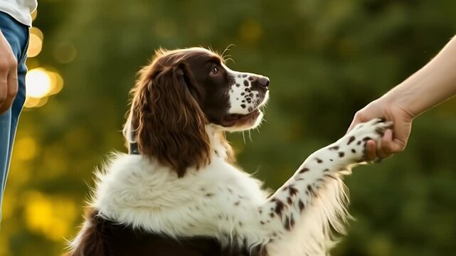 Dog shaking hands with a person outdoors in a park.