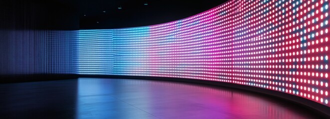 Fototapeta premium Authentic concave LED display for a wall or platform. Large TV display depicted in a vector illustration with neon blue and purple dot lights. Stadium digital scoreboard with diode lights,