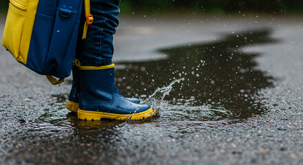 Rainy day school child wearing waterproof boots splashing in puddle with backpack, childhood fun and rainy weather education concept
